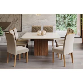 Sala De Jantar Completa Ana C- Tampo Madeirado C- Vidro 130x130cm E 8 Cadeiras Fernanda Savana-nature-off White-suede Joli Capuccino - Cimol