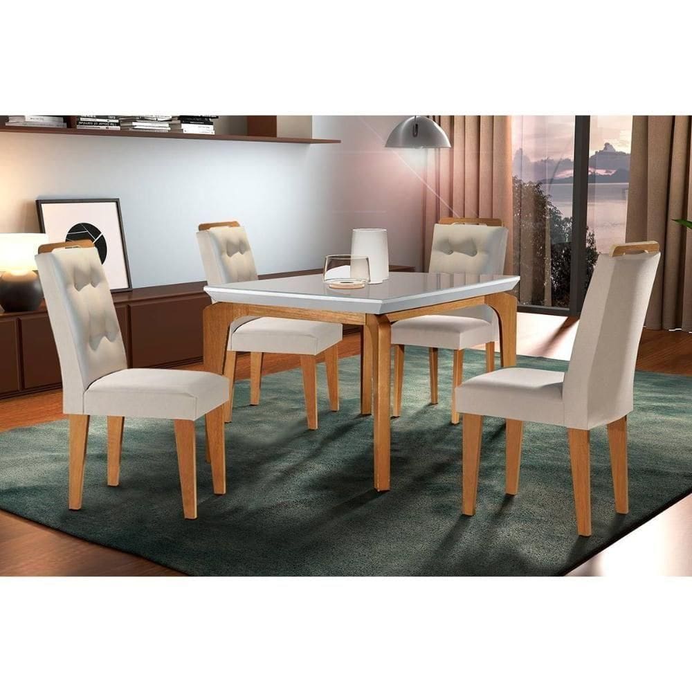 Sala De Jantar Completa Londrina C- Tampo Madeirado C- Vidro Canto Curvo 120x80cm E 4 Cadeiras Imperatriz Imbuia-off White - Suede Creme - Rufato