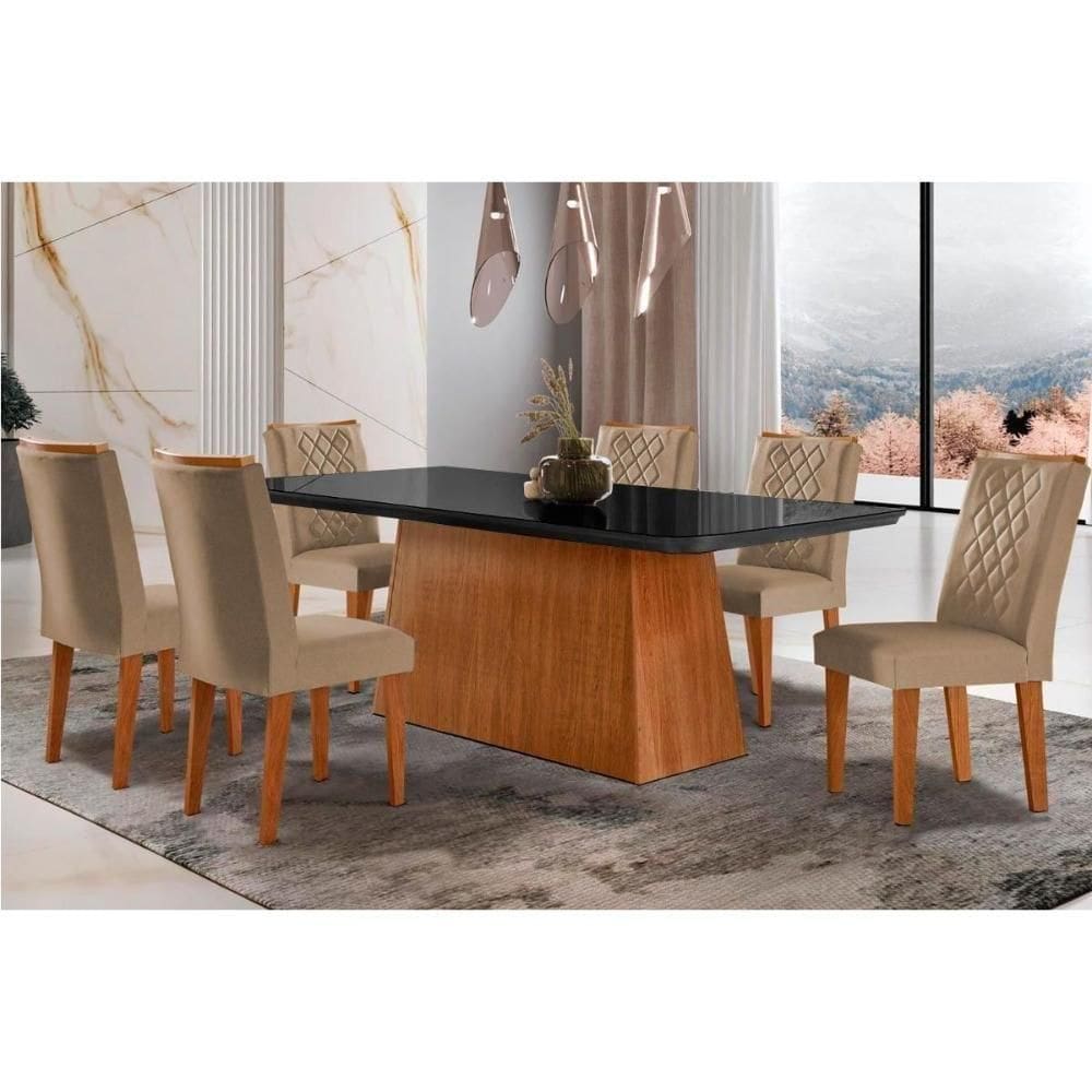 Sala De Jantar Completa Luna C- Tampo Vidro Canto Curvo 180x90cm E 6 Cadeiras Jade Imbuia-grafite - Suede Capuccino - Rufato