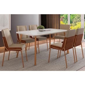 Sala De Jantar Completa Ariel Maior 1601 Tampo Madeirado C- Vidro 160x80cm E 6 Cadeiras Hug Gelo-off White Rose - Cobre-linho Areia-courin - Carraro