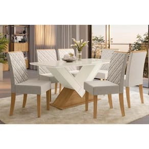 Sala De Jantar Completa Amora Tampo Madeirado C- Vidro 90x170cm E 6 Cadeiras 2cad149 Freijo-off White-vidro Off White - Linho Caqui - Kappesberg