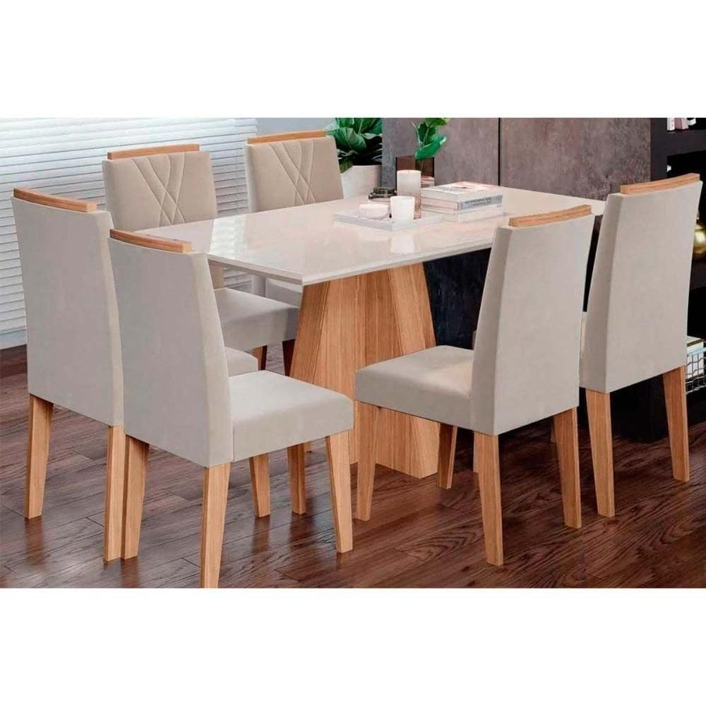 Conjunto: Mesa De Cozinha Maitê Tampo Madeirado C- Vidro Canto Curvo 160x80cm E 6 Cadeiras Nicole Savana-nature-suede Nude Bege - Cimol