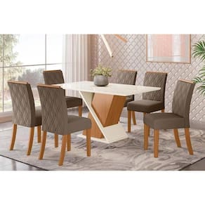 Sala De Jantar Completa Solus Tampo Madeirado C- Vidro Canto Reto 160x90cm E 6 Cadeiras Vita Nature-veludo Light Bege Vanilla - Henn