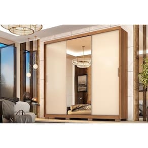 Guarda Roupa Casal 3 Portas De Correr (1 C- Espelho) E 2 Gavetas C- Pés Dalila Flex Amêndola-amêndola Ou Off White