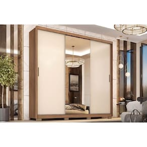 Guarda Roupa Casal 3 Portas De Correr (1 C- Espelho) E 2 Gavetas C- Pés Dalila Flex Amêndola-amêndola Ou Off White