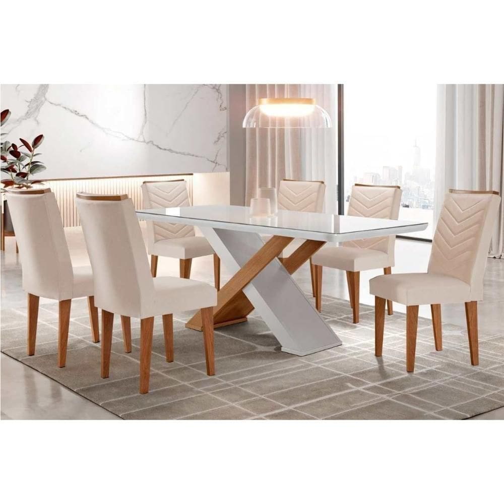 Sala De Jantar Completa Imperatriz Tampo Madeirado C- Vidro Canto Curvo 180x90 E 6 Cadeiras Londrina Imbuia-off White - Suede Creme - Rufato