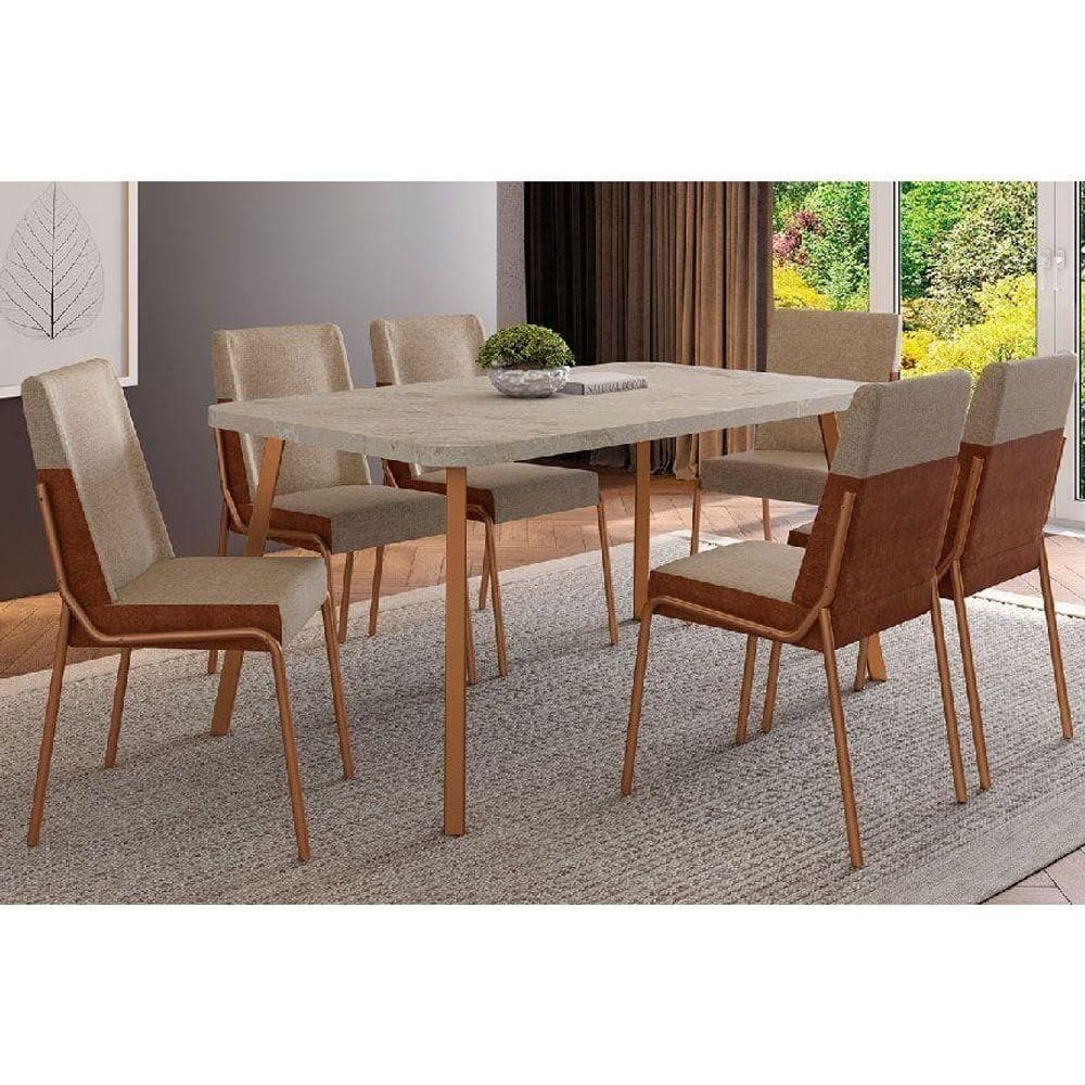 Sala De Jantar Completa Stellar 1597 Aço C- Tampo Madeirado 160x90cm E 6 Cadeiras Hug Rose-petra - Rose-areia - Caramelo - Carraro