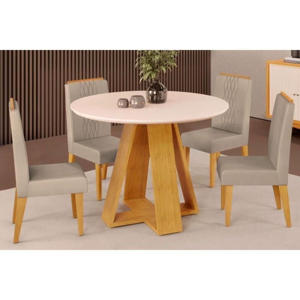 Sala De Jantar Completa Celeste Tampo Madeirado C- Vidro Redondo 103x103cm E 4 Cadeiras Lia Cedro-off White - Suede Kraft - Dj Móveis