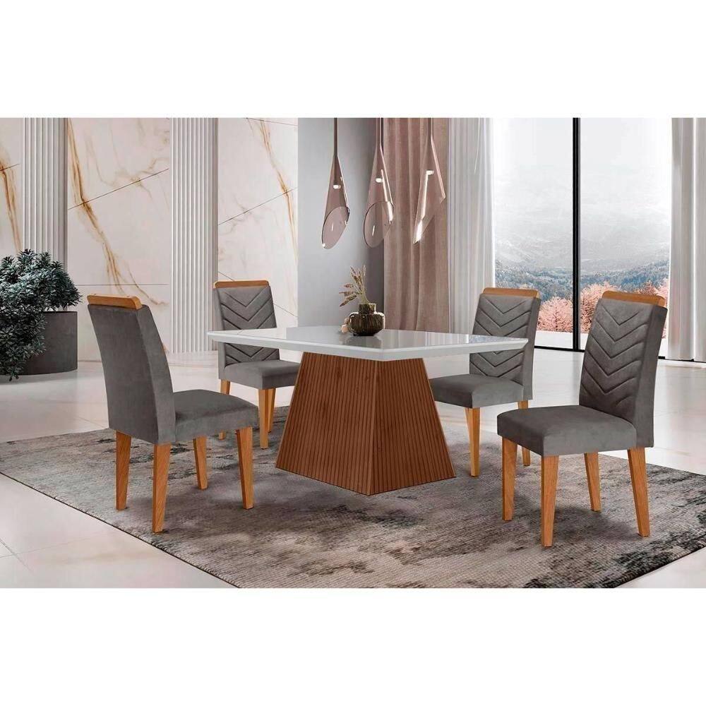 Sala De Jantar Completa Luna C- Tampo Madeirado C- Vidro Canto Curvo 120x80cm E 4 Cadeiras Londrina Imbuia-off White - Linho Grafite - Rufato