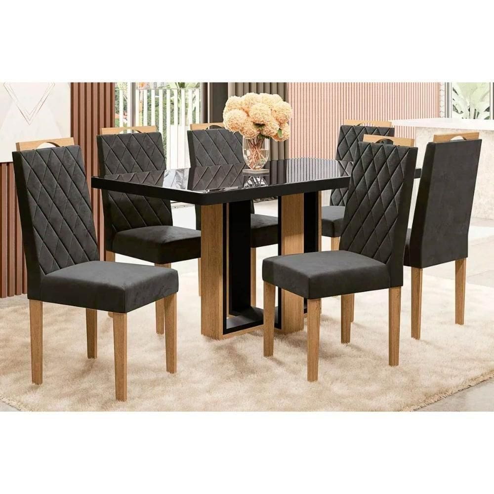 Sala De Jantar Completa Centella Tampo Madeirado C- Vidro 90x160cm E 6 Cadeiras 2cad153 Freijo-preto Fosco-vidro Preto - Eucalipto-chu - Kappesberg