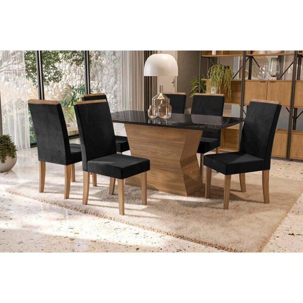 Sala De Jantar Completa Tília Tampo Madeirado C- Vidro 90x160cm E 6 Cadeiras 2cad142 Nogueira-preto Fosco-vidro Preto - Suede Pret - Kappesberg
