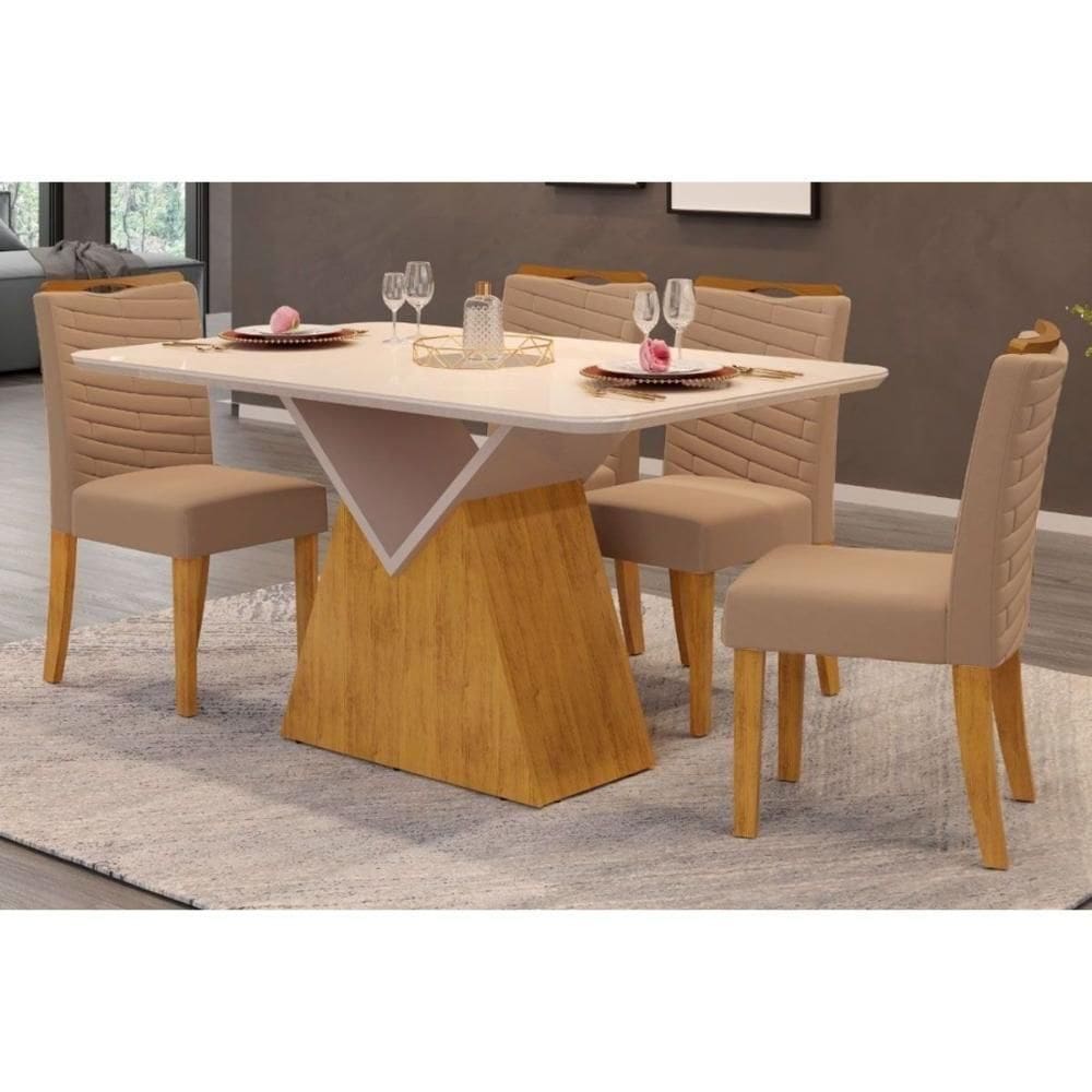 Sala De Jantar Completa Argo Tampo Madeirado C- Vidro Curvo 136x90cm E 4 Cadeiras Julia Cedro-off White - Suede Kraft - Dj Móveis