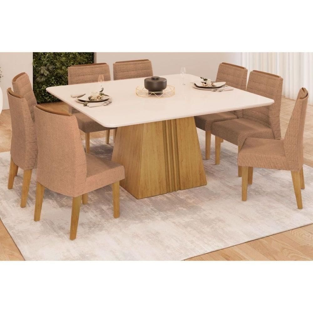 Sala De Jantar Completa Itália Tampo Madeirado C- Vidro Curvo 136x136cm E 8 Cadeiras Ondina Cedro-off White - Suede Kraft - Dj Móveis