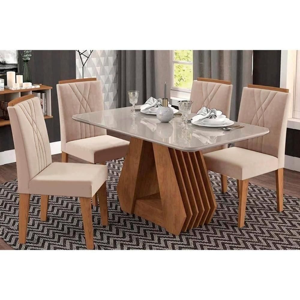 Sala De Jantar Completa ágata Tampo Madeirado C- Vidro 130x80 Cm E 4 Cadeiras Nicole Savana-nature-off White -suede Nude Bege - Cimol
