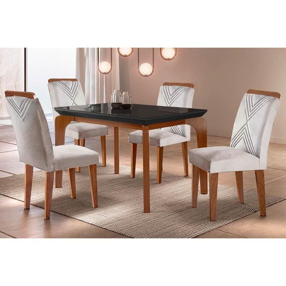 Sala De Jantar Completa Londrina C- Tampo Madeirado Vidro Canto Reto 120x80cm E 4 Cadeiras Amsterdã Imbuia-grafite - Suede Creme - Rufato