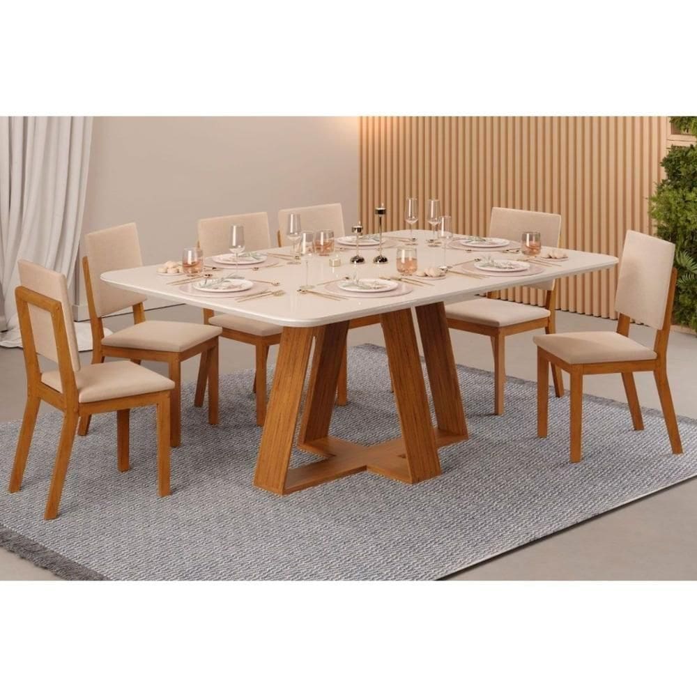Sala De Jantar Completa Celeste Tampo Madeirado C- Vidro Retangular 160x90cm E 6 Cadeiras Talia Freijo-off White - Suede Creme - Dj Móveis