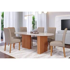 Sala De Jantar Completa Ester Tampo Madeirado Oval C- Vidro 210x100cm E 6 Cadeiras Fernanda Cinamomo-off White - Nature-madeirado-linho Be - Cimol
