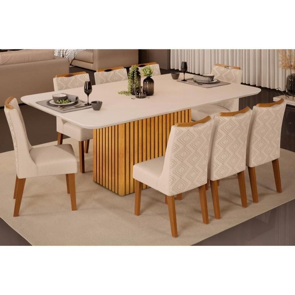 Sala De Jantar Completa Canes Tampo Madeirado C- Vidro Curvo 170x90cm E 8 Cadeiras Stela Cedro-off White - Ipe-linho Neve - Dj Móveis