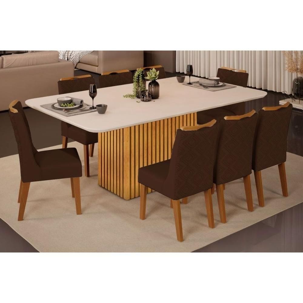 Sala De Jantar Completa Canes Tampo Madeirado C- Vidro Curvo 200x100cm E 8 Cadeiras Stela Cedro-off White - Ipe-suede Moca - Dj Móveis