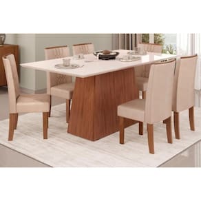 Sala De Jantar Completa Dulce Tampo Madeirado C- Vidro Reto 180x90cm E 6 Cadeiras Zoe Freijo-off White - Suede Creme - Dj Móveis
