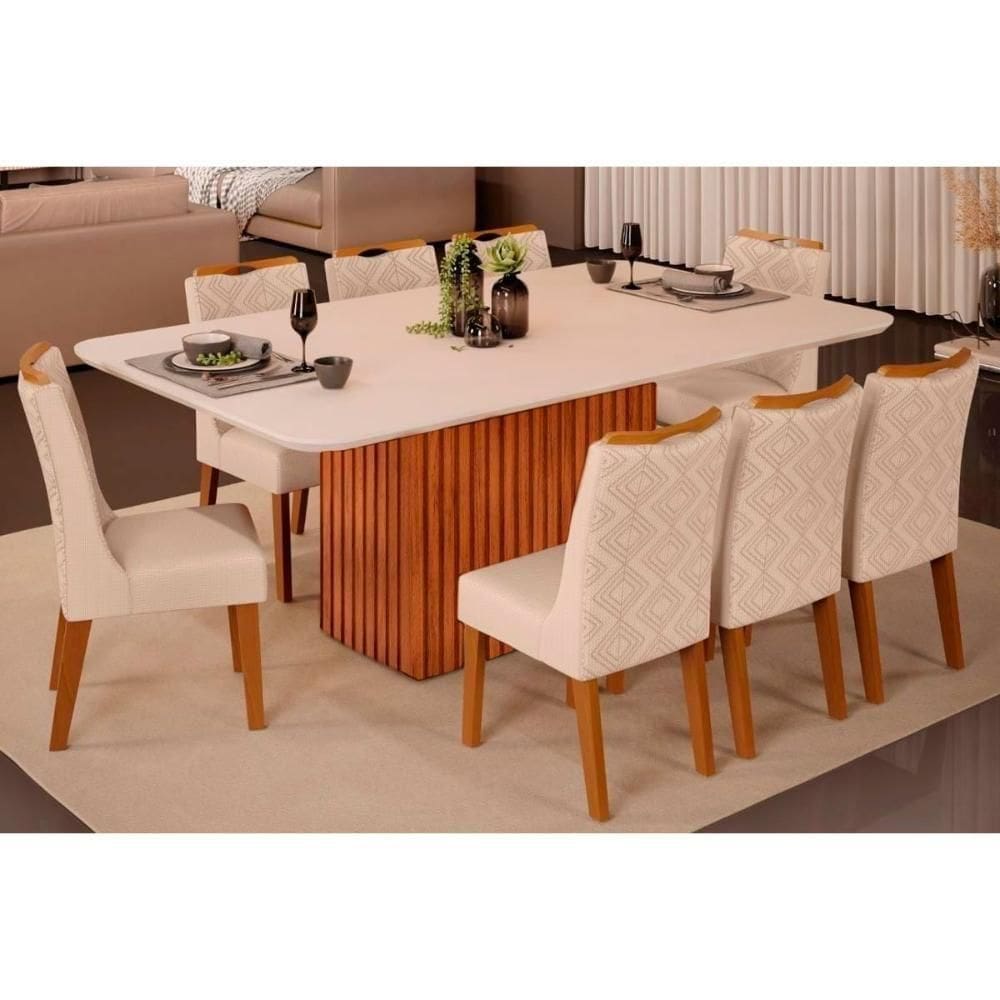 Sala De Jantar Completa Canes Tampo Madeirado C- Vidro Curvo 200x100cm E 8 Cadeiras Stela Freijo-off White - Ipe-linho Neve - Dj Móveis