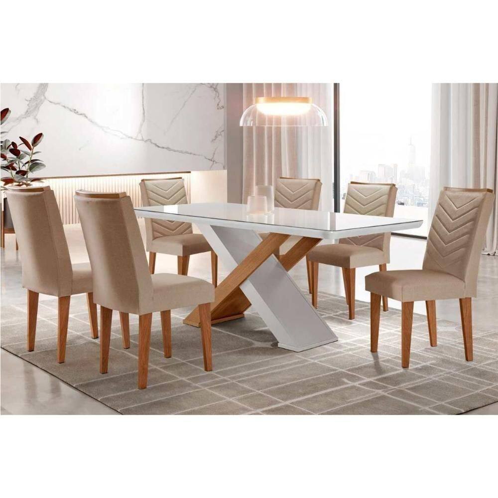 Sala De Jantar Completa Imperatriz Tampo Madeirado C- Vidro Canto Curvo 180x90 E 6 Cadeiras Londrina Imbuia-off White - Suede Capuccino - Rufato