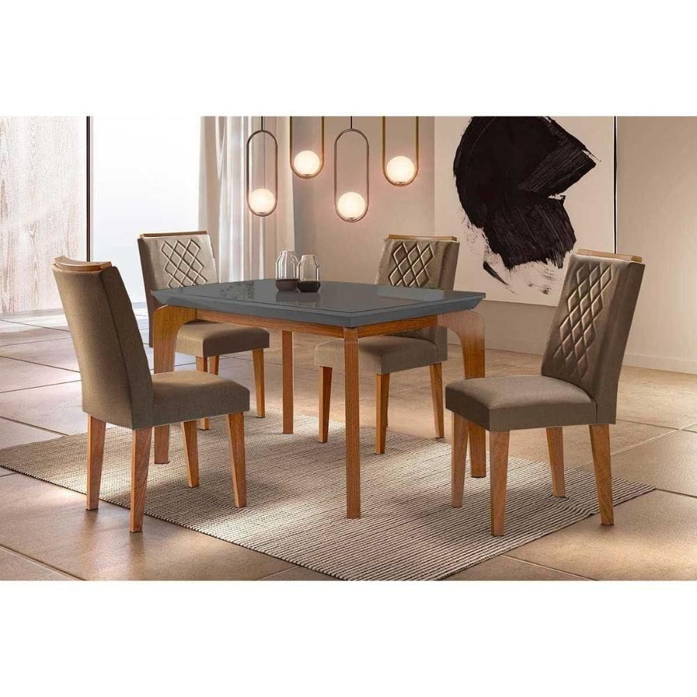 Sala De Jantar Completa Londrina C- Tampo Madeirado Vidro Canto Curvo 120x80cm E 4 Cadeiras Jade Imbuia-grafite - Veludo Capuccino - Rufato