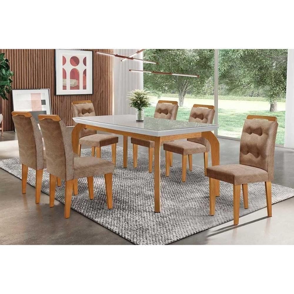 Sala De Jantar Completa Londrina C- Tampo Madeirado Vidro Canto Reto 180x90cm E 6 Cadeiras Imperatriz Imbuia - Veludo Capuccino - Rufato