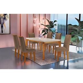 Sala De Jantar Completa Londrina Tampo Madeirado C- Vidro Curvo 180x90cm E 6 Cadeiras Londrina Imbuia - Veludo Capuccino - Rufato