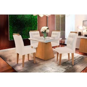Sala De Jantar Completa Luna C- Tampo Madeirado C- Vidro Canto Curvo 90x90cm E 4 Cadeiras Imperatriz Imbuia-off White - Suede Creme - Rufato