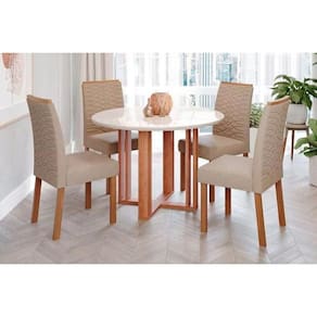 Sala De Jantar Completa Flora C- Tampo Madeirado C- Vidro 109cm E 4 Cadeiras Clarice Cinamomo-off White - Nature-madeirado-linho Be - Cimol