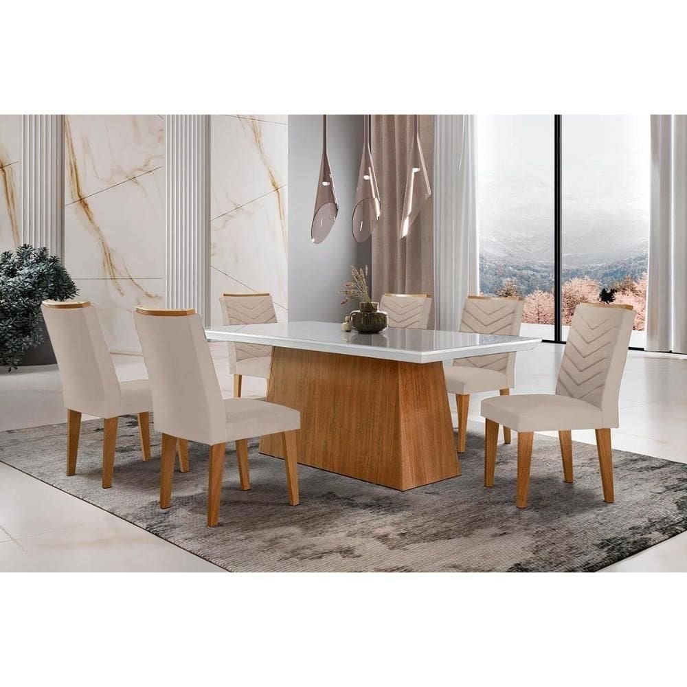 Sala De Jantar Completa Luna C- Tampo De Vidro Canto Curvo 180x90cm E 6 Cadeiras Londrina Imbuia-off White - Suede Creme - Rufato