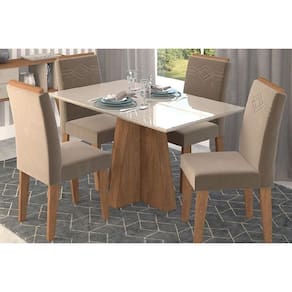 Sala De Jantar Completa Patricia C- Tampo Madeirado C- Vidro Canto Reto 130x80cm E 4 Cadeiras Tais Savana-nature-suede Capuccino - Cimol