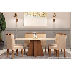 Sala De Jantar Completa Maitê C- Tampo Madeirado C- Vidro Canto Curvo 160x80cm E 6 Cadeiras Paola Savana-nature-off White-suede Nude Bege - Cimol
