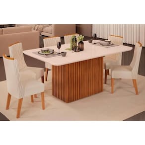 Sala De Jantar Completa Canes Tampo Madeirado C- Vidro Curvo 170x90cm E 6 Cadeiras Jade Freijo-off White - Linho Neve - Dj Móveis