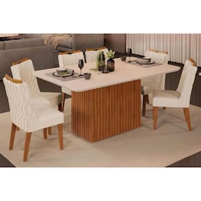 Sala De Jantar Completa Canes Tampo Madeirado C- Vidro Curvo 170x90cm E 6 Cadeiras Bia Freijo-off White - Linho Neve - Dj Móveis