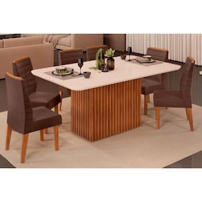 Sala De Jantar Completa Canes Tampo Madeirado C- Vidro Curvo 170x90cm E 6 Cadeiras Ondina Freijo-off White - Suede Moca - Dj Móveis