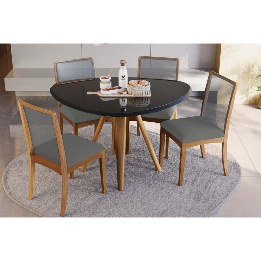 Sala De Jantar Completa Duna Tampo Madeirado C- Vidro 135x105cm E 4 Cadeiras Lara Carvalho-preto Fosco-vidro Preto - Linho Cinza - Kappesberg