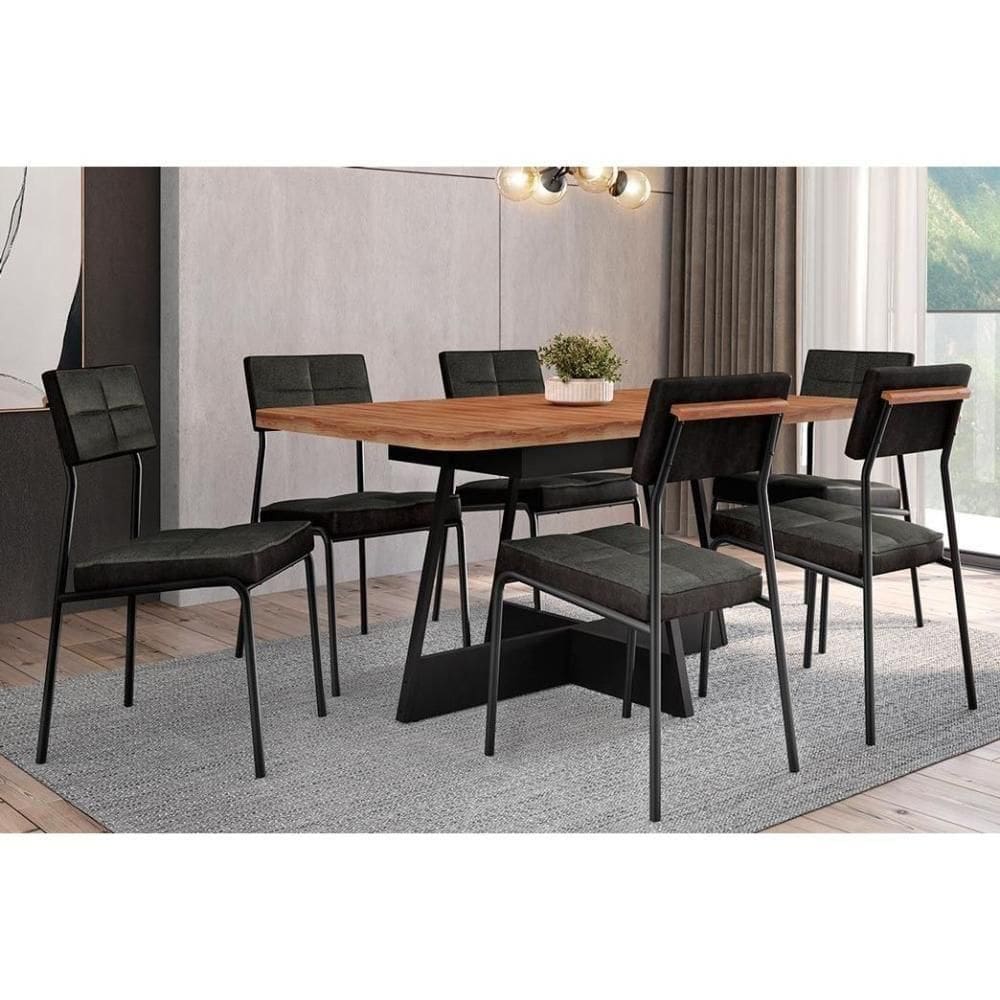 Sala De Jantar Completa átria 1592 Aço C- Tampo Madeirado 160x90cm E 6 Cadeiras Neo Preto-nogal - Preto-grafite - Preto - Carraro