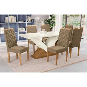 Sala De Jantar Completa Amora Tampo Madeirado C- Vidro 90x170cm E 6 Cadeiras 2cad149 Freijo-off White-vidro Off White - Eucalipto-v - Kappesberg