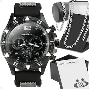 Relogio Masculino Preto + Cordão Prata Grumet + Pulseira