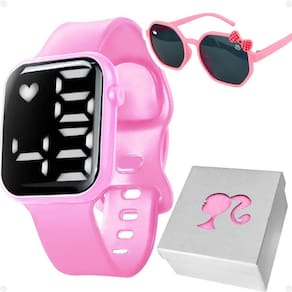 Relogio Digital Infantil Rosa + Oculos Proteção Uv + Caixa Kids Barbie Ajustavel Silicone Barbie