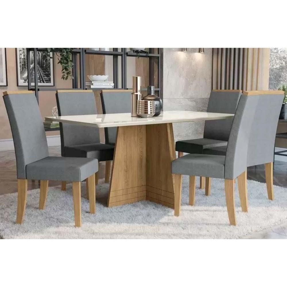 Sala De Jantar Completa Lótus Tampo Madeirado C- Vidro 90x160cm E 6 Cadeiras 2cad142 Nogueira-off White-vidro Off White - Suede Ci - Kappesberg
