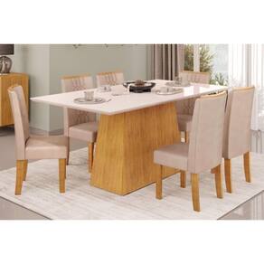 Mesa De Sala Jantar Dulce Tampo Madeirado C- Vidro Reto 180x90cm E 6 Cadeiras Zoe Cedro-off White - Suede Creme - Dj Móveis