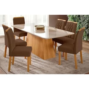 Sala De Jantar Completa Helena C- Tampo Madeirado C- Vidro 210x100cm E 6 Cadeiras Juliana Madeirado-suede Joli Capuccino - Cimol