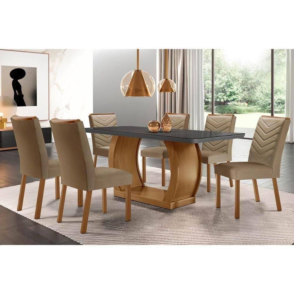 Sala De Jantar Completa Jade Tampo Madeirado C- Vidro Canto Curvo 180x90 E 6 Cadeiras Londrina Imbuia-grafite - Suede Capuccino - Rufato