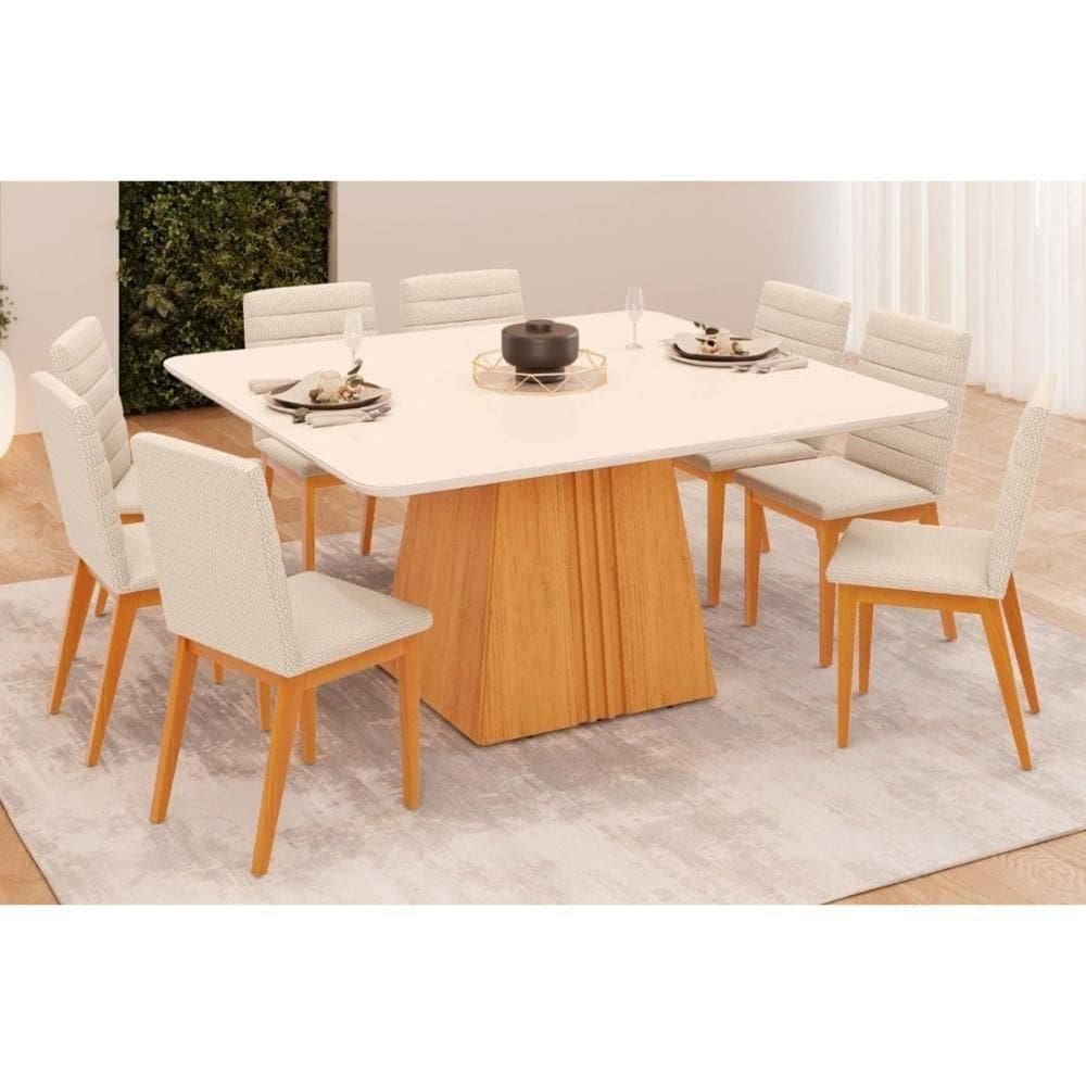 Sala De Jantar Completa Itália Tampo Madeirado C- Vidro Curvo 136x136cm E 8 Cadeiras Sofia Cedro-off White - Ipe-linho Neve - Dj Móveis
