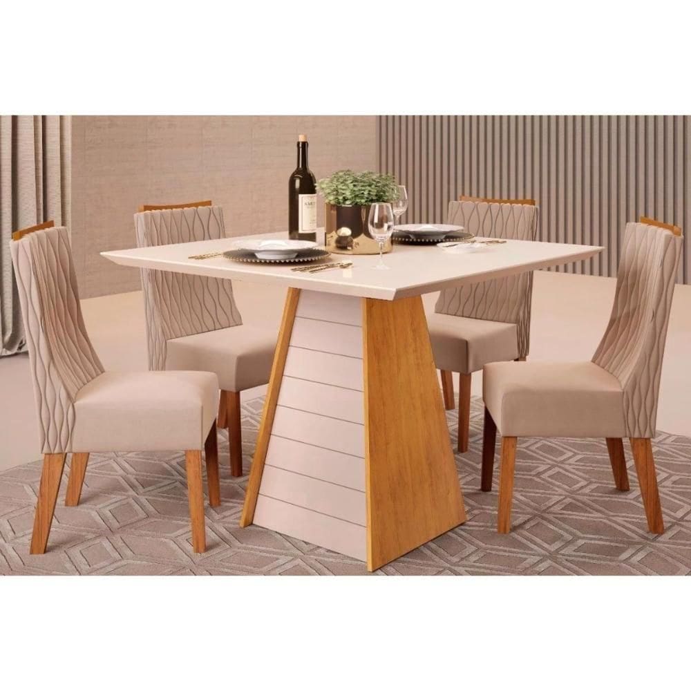 Sala De Jantar Completa Fler Tampo Madeirado C- Vidro 90x90cm E 4 Cadeiras Jade Cedro-off White - Suede Kraft - Dj Móveis