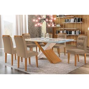 Sala De Jantar Completa Imperatriz Tampo Madeirado C- Vidro Curvo 180x90 E 6 Cadeiras Imperatriz Imbuia-off White - Suede Capuccino - Rufato