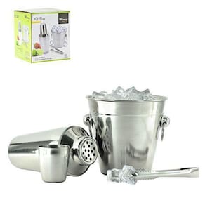 Kit Bar 3 Peças: Coqueteleira Inox + Balde Gelo + Pegador